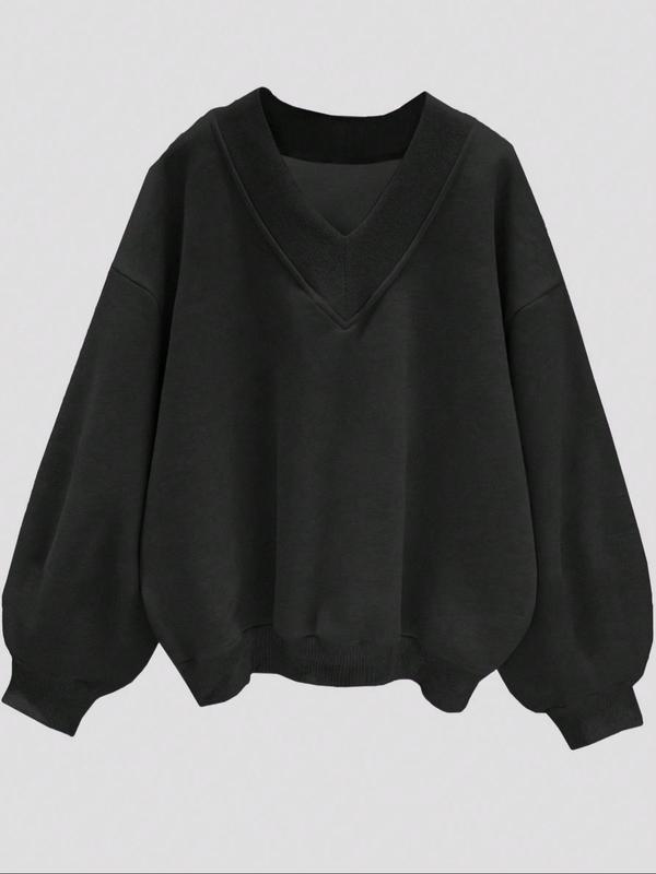 Women's Solid Color V Neck Sweatshirt, Casual Loose Long Sleeve Drop Shoulder   Pullover for Fall & Winter, Women's Clothing for Daily Wear