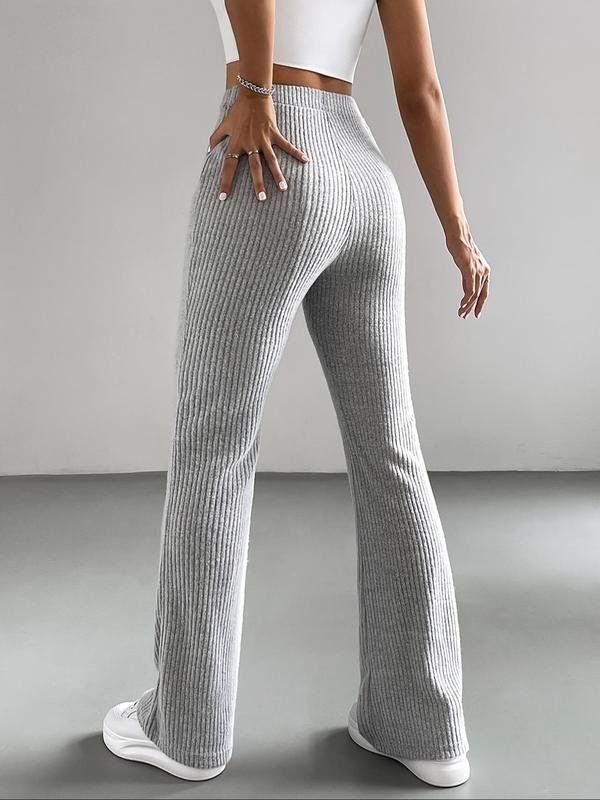 Women's Solid Ribbed High Waist Flare Leg Pants, Casual Comfy Elastic Waist Bell Bottom Trousers for Spring & Fall, Women's Bottoms for Daily Wear