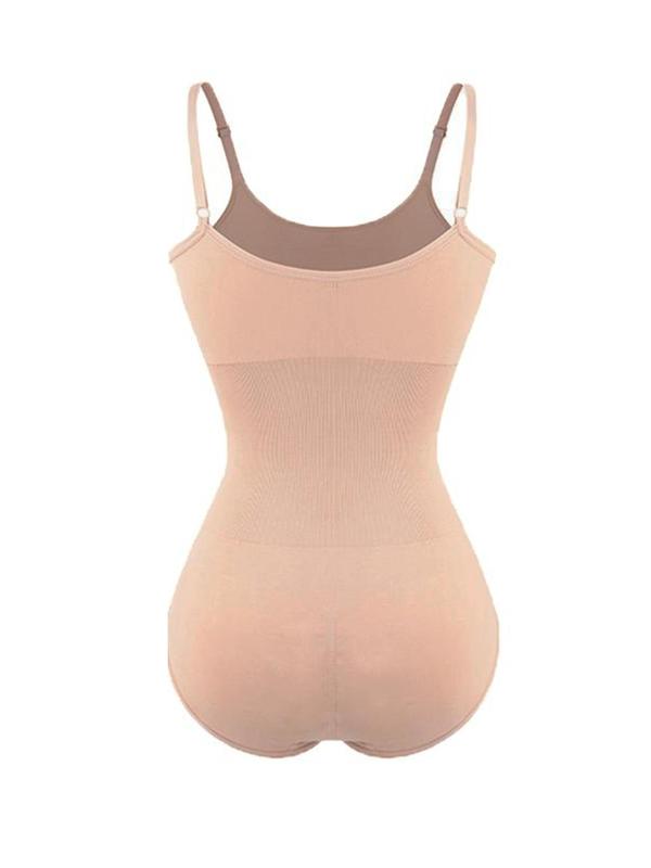Women's Solid Backless Shapewear Bodysuit with Open Crotch Design, Seamless Scoop Neck Adjustable Strap Bodysuit, Tummy Control Shaper for Women