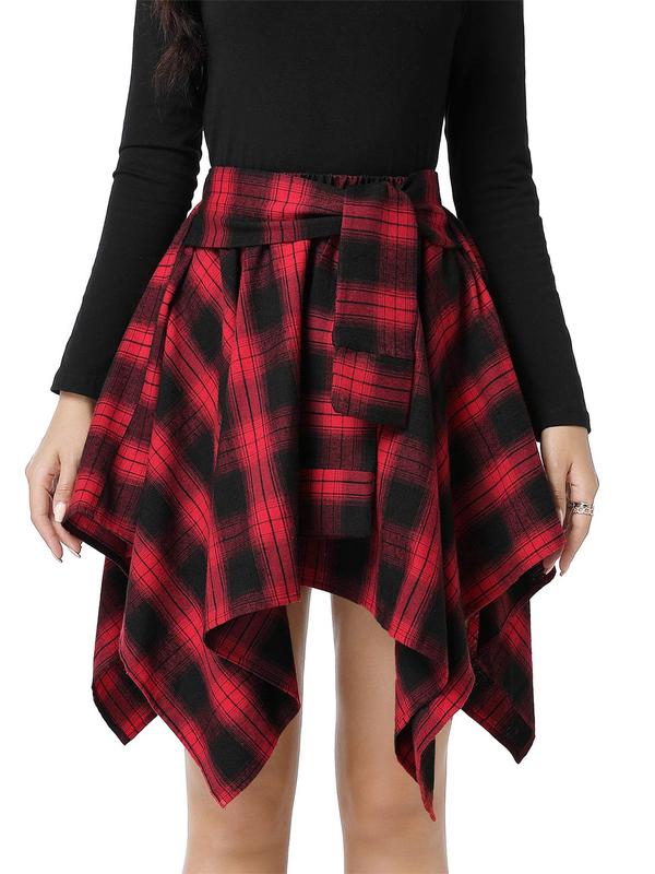 Women's Plaid Print Asymmetrical Hem Skirt, Casual Fashion Tie Front A Line Skirt for Daily Wear, Ladies Fall Clothes, Experimental Outfits, Preppy 80s Clothes Tweed Skirt