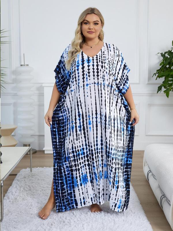  Ethnic Pattern Batwing Sleeve Kaftan Dress, Casual Boho V Neck Split Hem Dress, Dress in Club, Dresses for Women, Summer Dresses 2024, Summer Outfits 2024, Lady Swimwear for Summer Beach Vacation Black Girl Outfits Moo Moo Dresses