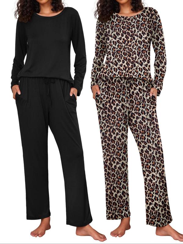 Women's Solid Color   All Over Print Long Sleeve Tee & Pants Loungewear Set, Casual Comfy Round Neck Top & Trousers Pj Set, Ladies Sleepwear for Spring & Fall