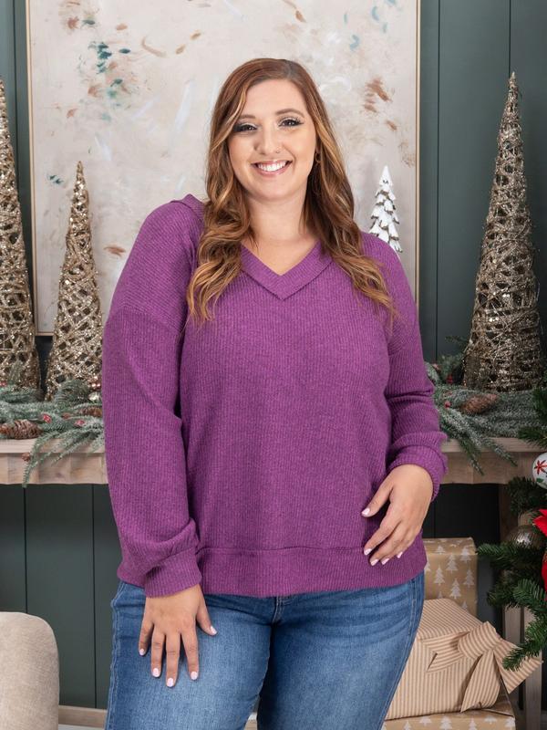 Andree Ribbed Hacci V-Neck Long Sleeve Pullover | S - 3X