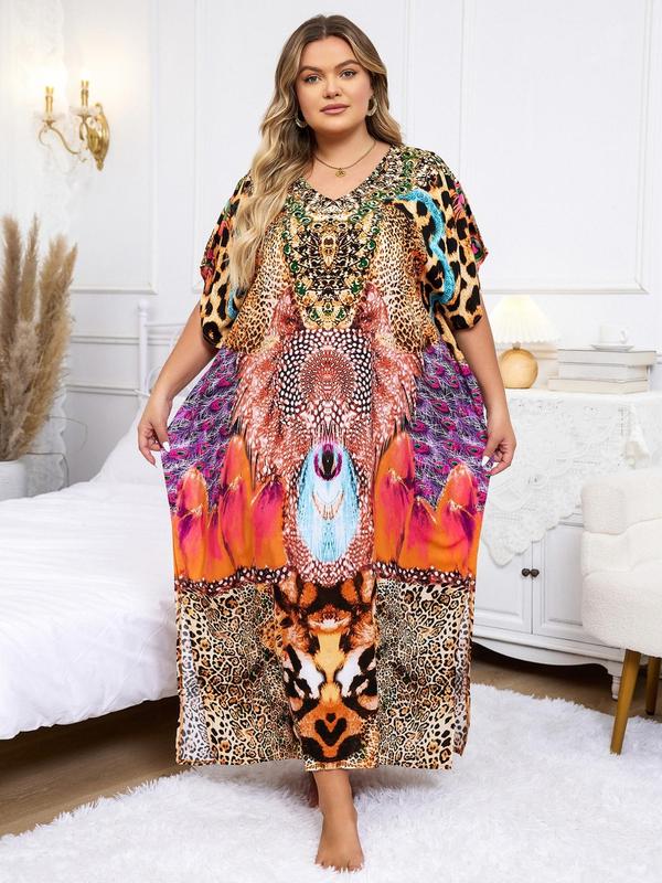  Ethnic Pattern Batwing Sleeve Kaftan Dress, Casual Boho V Neck Split Hem Dress, Dress in Club, Dresses for Women, Summer Dresses 2024, Summer Outfits 2024, Lady Swimwear for Summer Beach Vacation Black Girl Outfits Moo Moo Dresses