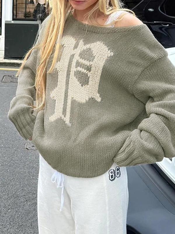Women's Letter Print Drop Shoulder Sweater, Casual Asymmetrical Neck Long Sleeve Jumper for Fall & Winter, Sweaters for Women, Women's Winter Sweaters 2024, Fashion Ladies' Knitwear for Daily Wear