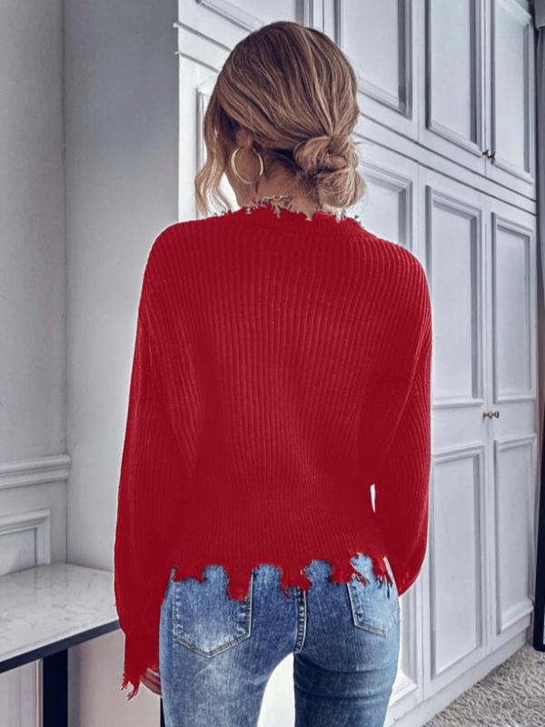 Women's Plain One Shoulder Drop Shoulder Sweater, Casual Long Sleeve Raw Hem Jumper for Daily Outdoor Wear, Ladies Knitwear for All Seasons