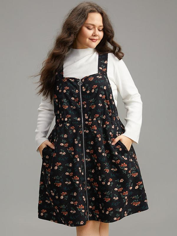 BloomChic Ditsy Floral Corduroy Pocket Zipper Fly Cami Dress