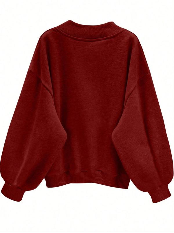 Women's Solid Color V Neck Sweatshirt, Casual Loose Long Sleeve Drop Shoulder   Pullover for Fall & Winter, Women's Clothing for Daily Wear