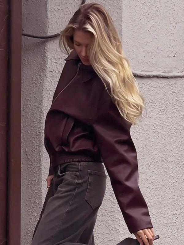 Women's Solid Color Pu Leather Jacket, Casual Fashion Long Sleeve Zipper Outerwear for Fall & Winter, Ladies Clothes for Daily Wear