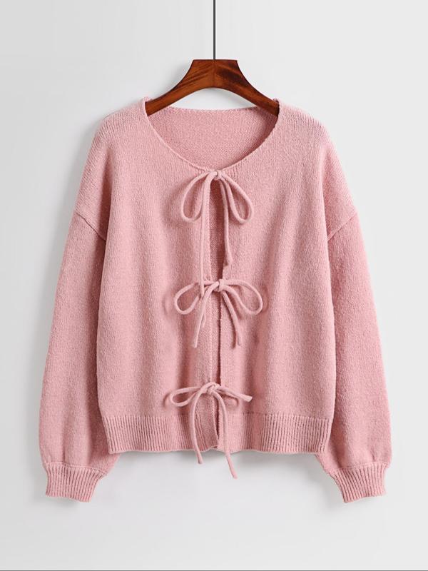 Women's Plain Tie Front Drop Shoulder Cardigan, Casual Long Sleeve V Neck Knitwear for Daily Wear, Ladies Clothes for All Seasons