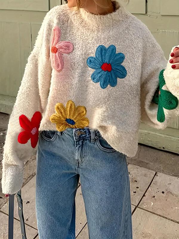 Women's Colorful Floral Crochet Drop Shoulder Sweater, Casual Long Sleeve Round Neck Jumper for Spring & Fall, Fashion Women's Knitwear for Daily Wear