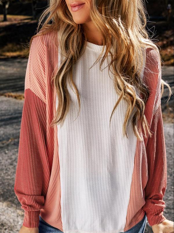 Women's Colorblock Ribbed Knit Sweater, Casual Long Sleeve Crew Neck Jumper for Fall & Winter, Fashion Ladies' Knitwear for Daily Wear