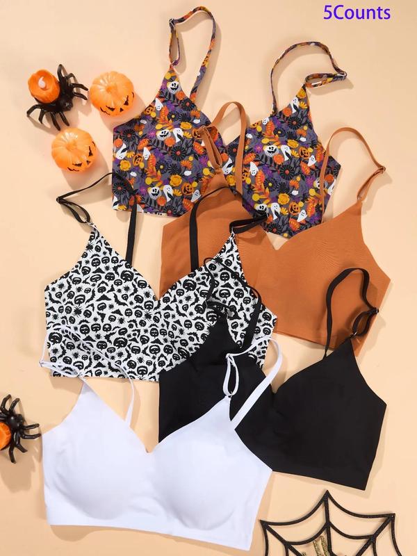 Women's All Over Print   Plain Wireless Bra, Casual Comfortable Breathable Adjustable Strap Seamless Halloween Bra, Women's Lingerie for All Seasons