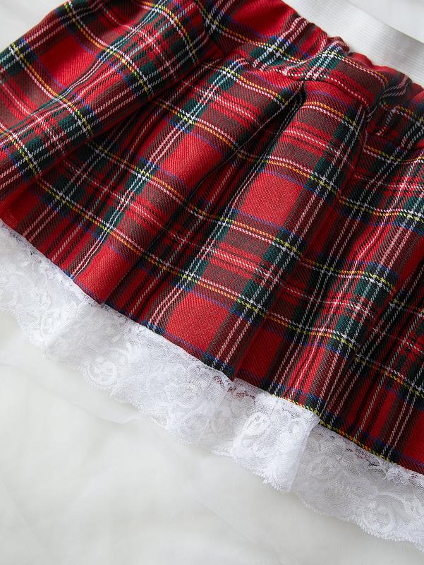 YOKO [2 Colors Size S-2XL] 3 Piece Women's Lace Red Plaid Skirt Lingerie Set, Pajama Set,Home Underwear Set
