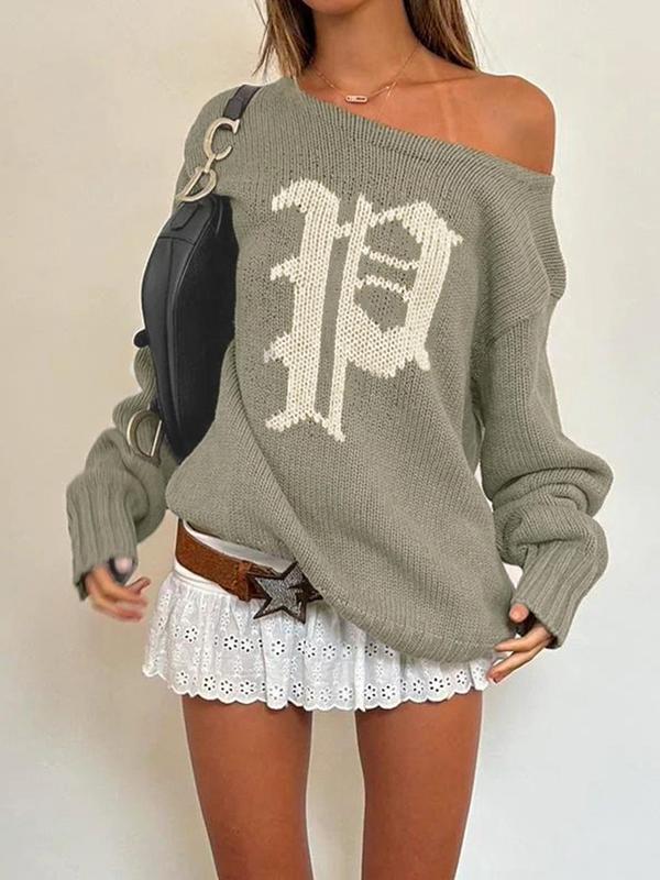 Women's Letter Print Drop Shoulder Sweater, Casual Asymmetrical Neck Long Sleeve Jumper for Fall & Winter, Sweaters for Women, Women's Winter Sweaters 2024, Fashion Ladies' Knitwear for Daily Wear