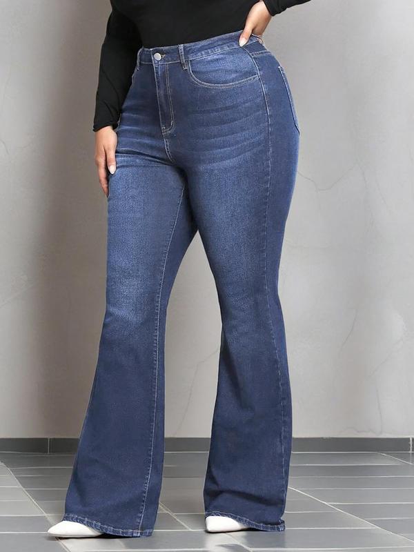  Plain Pocket Button Flare Leg Jeans, Plus Casual Comfy Bell Bottom Denim Pants for Daily Wear, Jeans for Women, Women's Plus Clothing for Fall, Fall Outfits, Fallfreshness Clothes