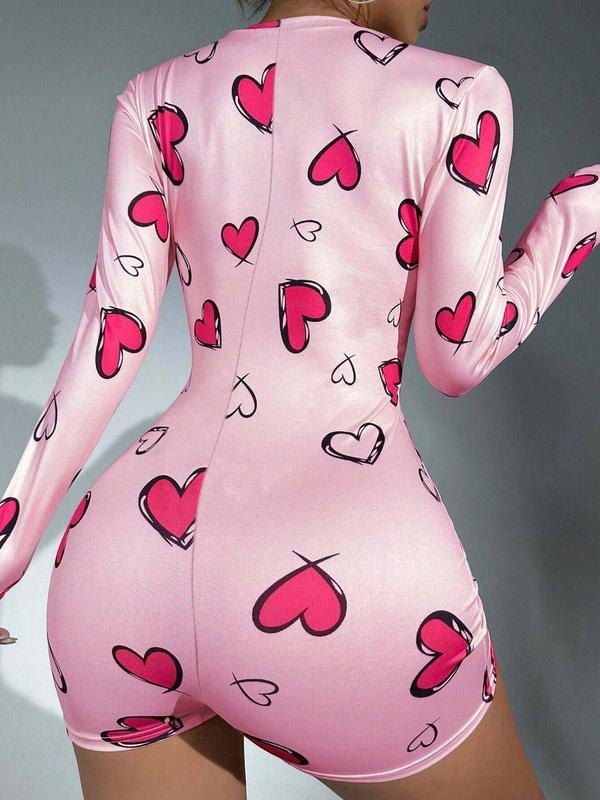 Women's Heart Print Button Front V Neck Pajama Romper, Casual Long Sleeve Lounge Romper, Women's Summer Sleepwear & Loungewear