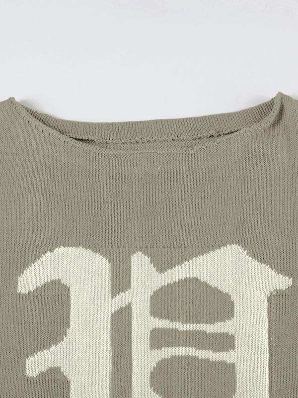 Women's Letter Print Drop Shoulder Sweater, Casual Asymmetrical Neck Long Sleeve Jumper for Fall & Winter, Sweaters for Women, Women's Winter Sweaters 2024, Fashion Ladies' Knitwear for Daily Wear