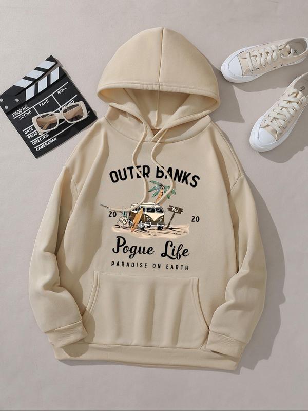 Women's Letter & Car Print Drop Shoulder Hoodie, Fashion Casual Drawstring Pocket Hooded Sweatshirt for Daily Holiday Outdoor Wear, Ladies Clothes for Fall & Winter