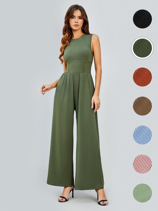 Women's Wide Leg Body Jumpsuit, Summer Clothes, Chic Elegant Trendy Sleeveless Crewneck Formal Elegant Jumpsuit for Women, Lady One-piece Bodysuit Jumpsuit Christmas