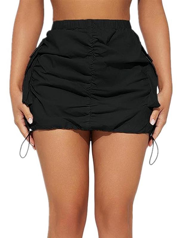 Women's Plain Ruched Drawstring Flap Pocket Bodycon Cargo Skirt, Street Fashion Casual Elastic Waist Short Skirt for Daily Wear, Ladies Bottoms for All Seasons