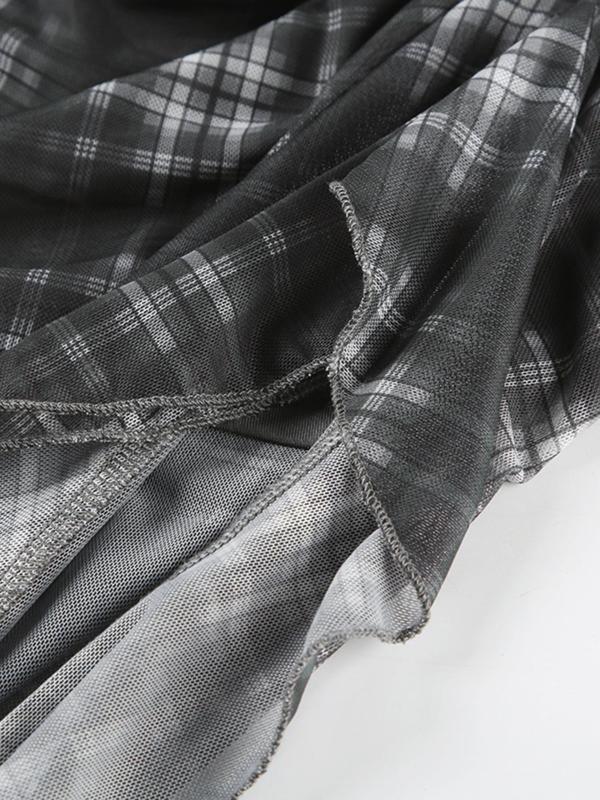 Women's Plaid Print Drawstring Split Thigh Skirt, Casual Fashion Ruffle Hem Sheer Maxi Skirt for Daily Outdoor Wear, Ladies Bottoms for All Seasons