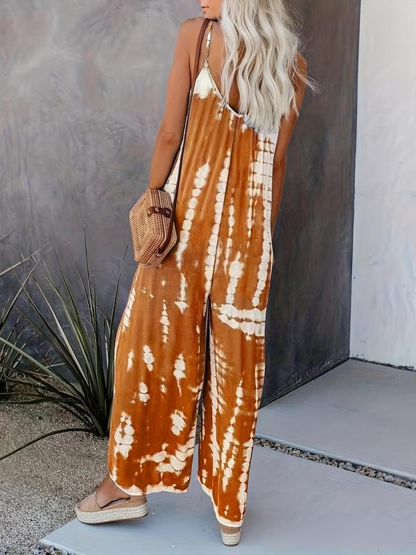 Women's Tie Dye Leopard Print Pocket Backless Cami Jumpsuit, Casual Adjustable Strap Ruched Wide Leg Jumpsuit, Spaghetti Strap One-Piece Outfits, Ladies Summer Clothes for Beach Vacation Back To School