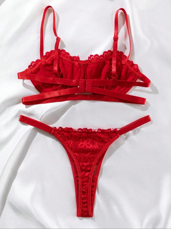Women's Rhinestone Decor Lace Sexy Lingerie Set, Adjustable Strap Cut Out Bra & Thong Set, Lingerie Set for Women