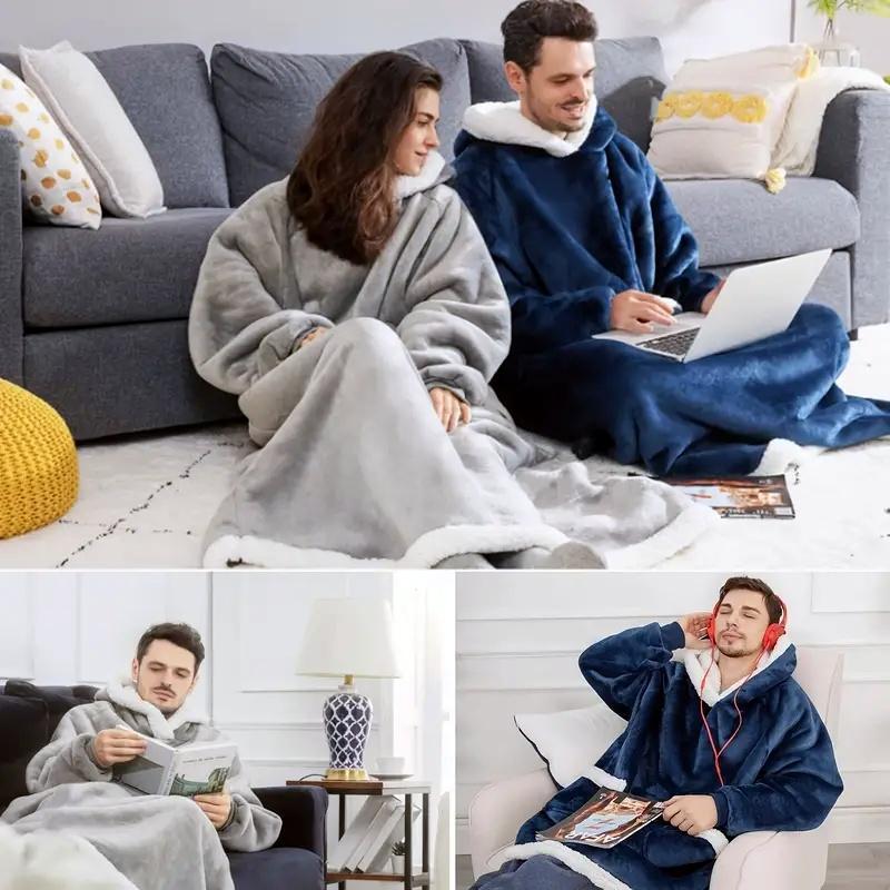 Long Thick Blanket Hooded Sweatshirt Pajamas, 1 Count Casual Warm Lamb Wool Pullover, TV Blanket, Wearable Blanket for Home, Bedroom, Living Room, Stocking Fillers Gift
