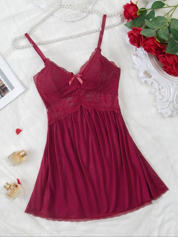 Women's Plain Floral Lace Bow Front Cami Nightdress, Soft Comfortable Spaghetti Strap Nightgown, Sleepwear for Women