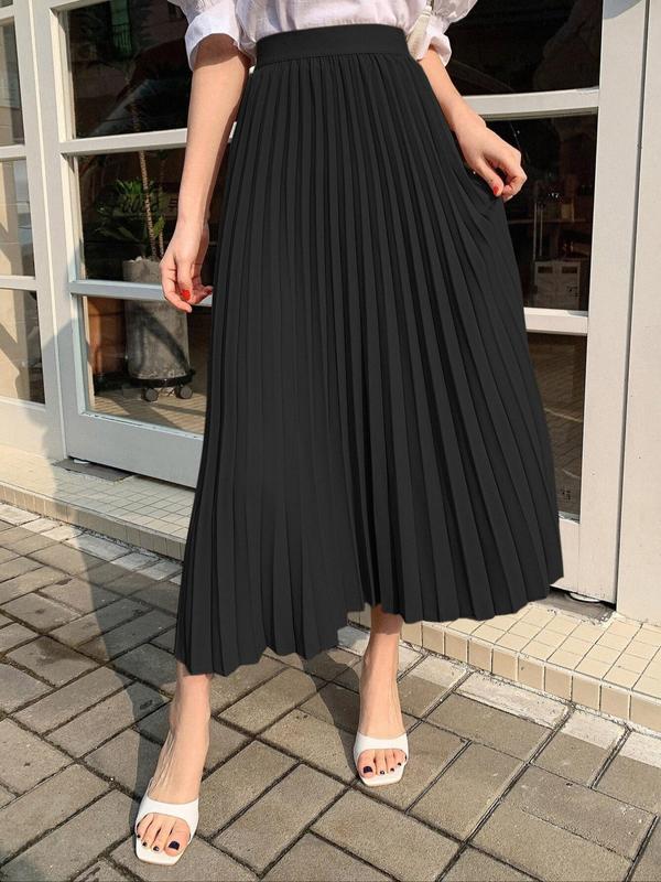 Vintage Women's Solid High Waist Pleated Skirt, Elegant Fashion Casual Long Skirt for Daily Wear, Ladies Bottoms for All Seasons
