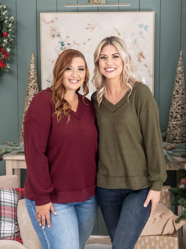Andree Ribbed Hacci V-Neck Long Sleeve Pullover | S - 3X