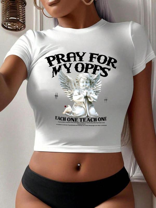 Women's Angel & Letter Print Round Neck Short Sleeve Crop Tee, Fashion Casual Crew Neck T-shirt for Daily Holiday Vacation Outdoor Wear, Ladies Clothes for All Seasons