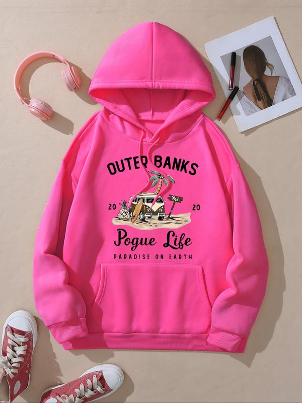 Women's Letter & Car Print Drop Shoulder Hoodie, Fashion Casual Drawstring Pocket Hooded Sweatshirt for Daily Holiday Outdoor Wear, Ladies Clothes for Fall & Winter