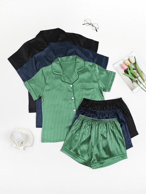 Women's Solid Color Lapel Neck Button Front Pocket Shirt & Elastic Waist Shorts Satin Pyjama Set, Casual Comfy Short Sleeve Top & Shorts Pj Set, Ladies Summer Sleepwear