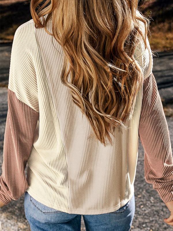 Women's Colorblock Ribbed Knit Sweater, Casual Long Sleeve Crew Neck Jumper for Fall & Winter, Fashion Ladies' Knitwear for Daily Wear
