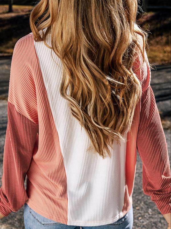 Women's Colorblock Ribbed Knit Sweater, Casual Long Sleeve Crew Neck Jumper for Fall & Winter, Fashion Ladies' Knitwear for Daily Wear