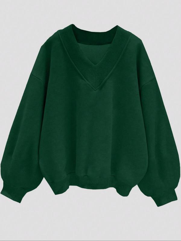 Women's Solid Color V Neck Sweatshirt, Casual Loose Long Sleeve Drop Shoulder   Pullover for Fall & Winter, Women's Clothing for Daily Wear