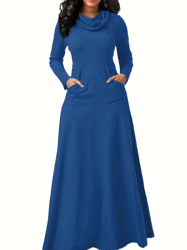 Women's Trendy Solid Draped Pocket A Line Dress, Elegant Long Sleeve Waterfall Dress for Party Holiday Wedding Guest, Ladies Spring & Fall Clothes