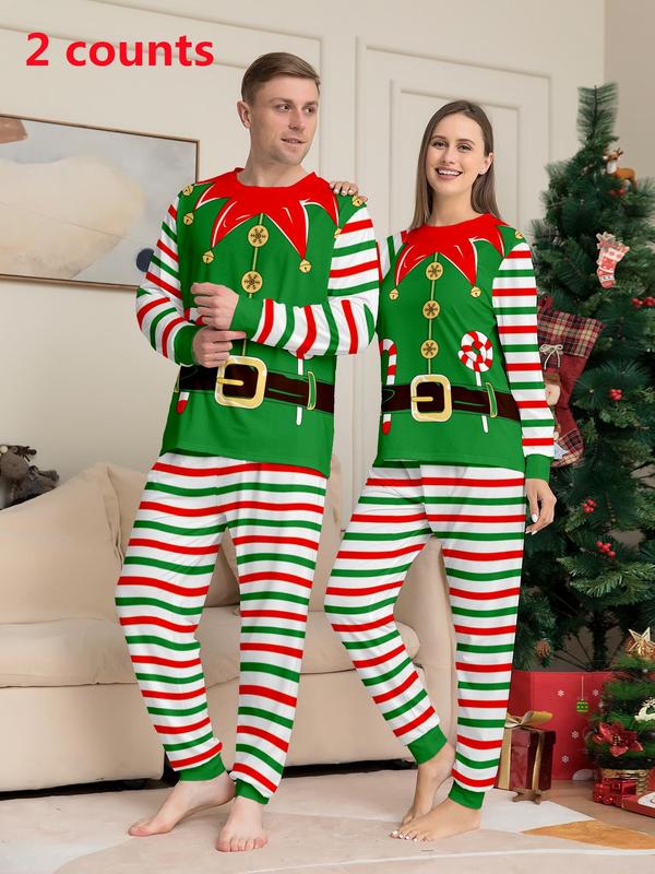 Couple's Christmas Themed Print Pajama Two-piece Set, Casual Comfy Long Sleeve Top & Elastic Waist Pants PJ Set, Men's Sleepwear for Spring & Fall