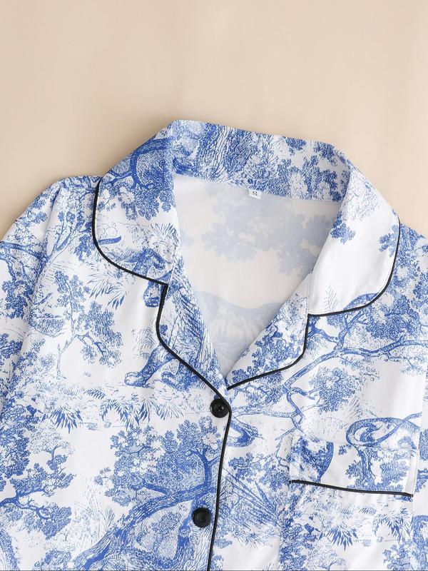 Two-Piece Set Women's Plants Print Lapel Neck Pocket Shirt & Elastic Waist Pants Pyjama, Casual Comfy Long Sleeve Top & Trousers PJ Set, Women's Sleepwear for Spring & Fall