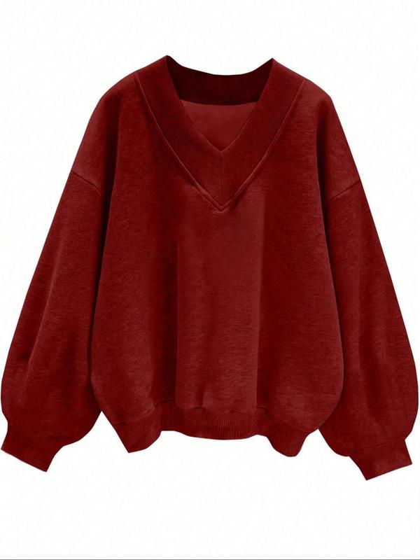 Women's Solid Color V Neck Sweatshirt, Casual Loose Long Sleeve Drop Shoulder   Pullover for Fall & Winter, Women's Clothing for Daily Wear