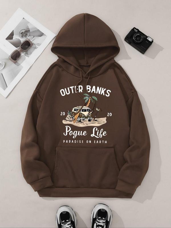 Women's Letter & Car Print Drop Shoulder Hoodie, Fashion Casual Drawstring Pocket Hooded Sweatshirt for Daily Holiday Outdoor Wear, Ladies Clothes for Fall & Winter