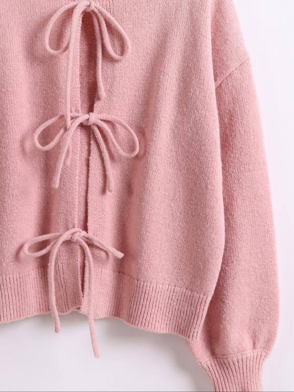 Women's Plain Tie Front Drop Shoulder Cardigan, Casual Long Sleeve V Neck Knitwear for Daily Wear, Ladies Clothes for All Seasons