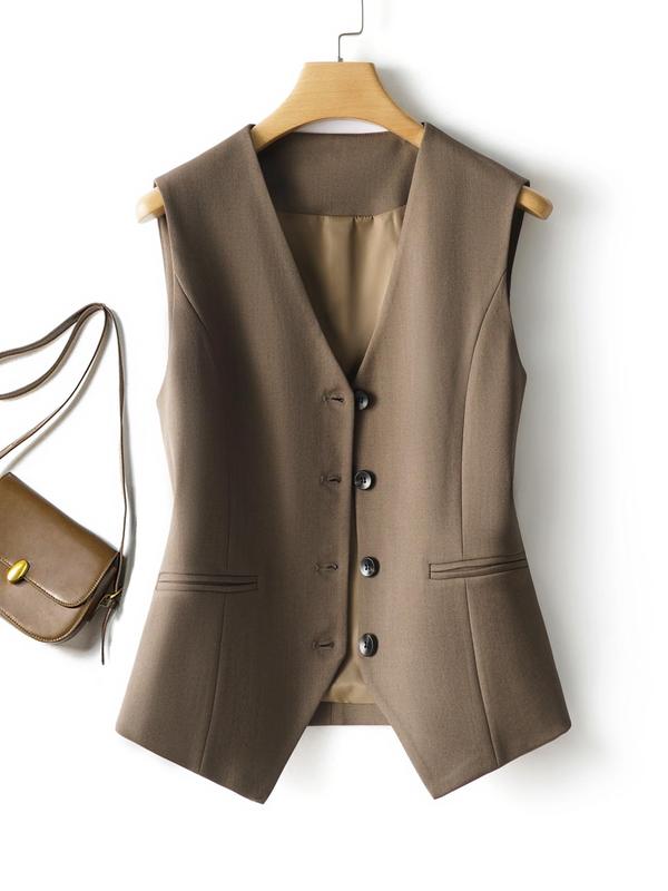 Women's Solid Button Front Vest Blazer, Elegant V Neck Pocket Suit Vest for Work Office Business, Ladies Spring & Fall Clothes, Vest Jacket, Earthtone Fallfreshness