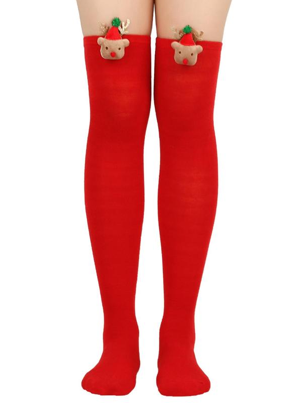 4 Pairs Christmas High Thigh Socks Women's Plain Striped Print Over The Knee Socks, Casual Comfy Breathable Halloween Pumpkin Decor High Stretch Socks for Holiday Party, Ladies Socks for Fall & Winter