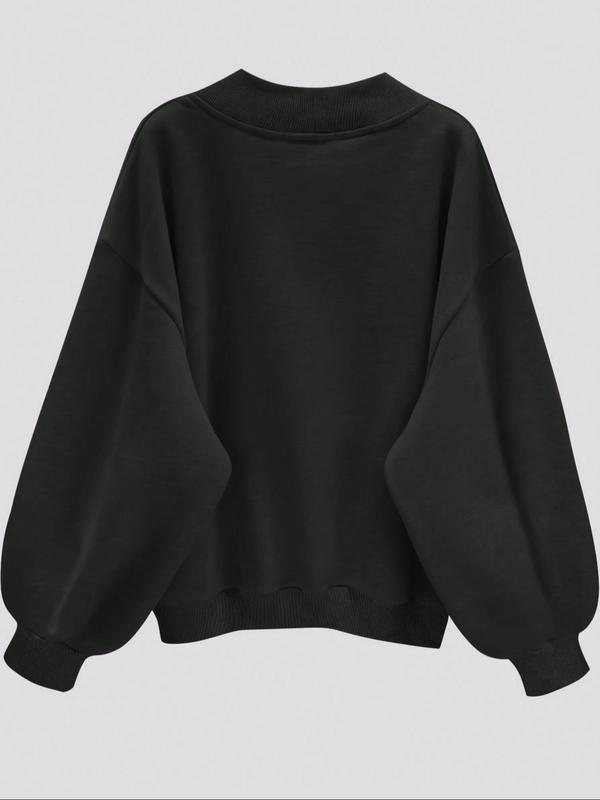Women's Solid Color V Neck Sweatshirt, Casual Loose Long Sleeve Drop Shoulder   Pullover for Fall & Winter, Women's Clothing for Daily Wear