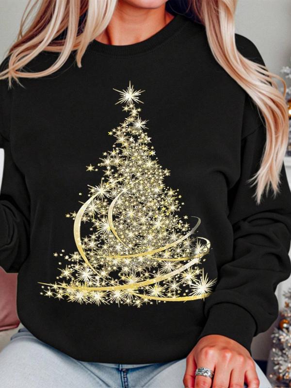 Women's Christmas Tree Print Contrast Sequin Drop Shoulder Sweatshirt, Casual Long Sleeve Round Neck Pullover for Daily Wear, Ladies Fall & Winter Clothes