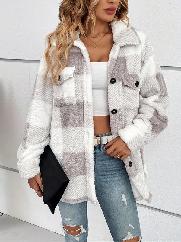  Plaid Print Button Front Fuzzy Jacket, Casual Long Sleeve Collared Outerwear for Fall & Winter, Women's Clothes for Daily Wear