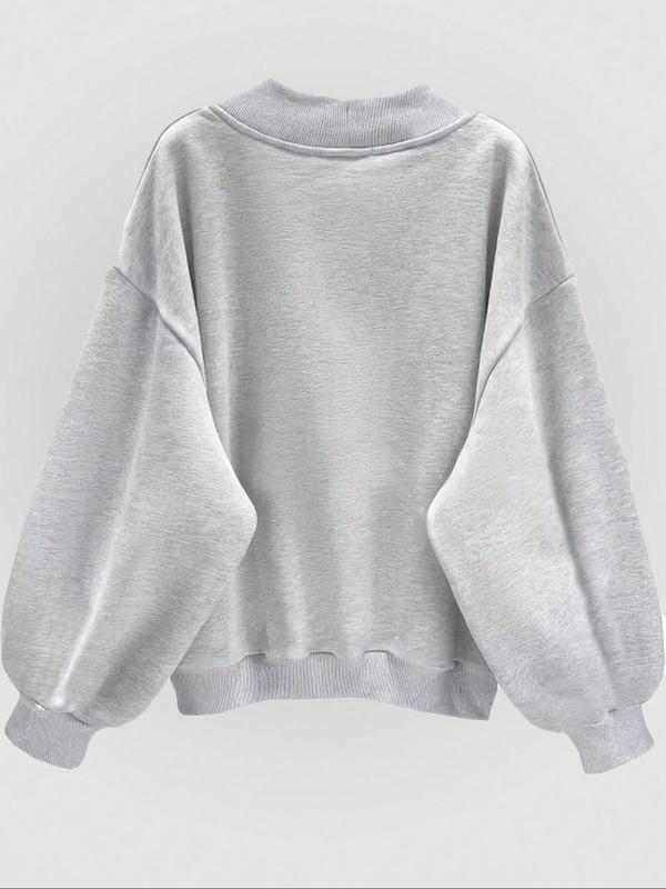 Women's Solid Color V Neck Sweatshirt, Casual Loose Long Sleeve Drop Shoulder   Pullover for Fall & Winter, Women's Clothing for Daily Wear